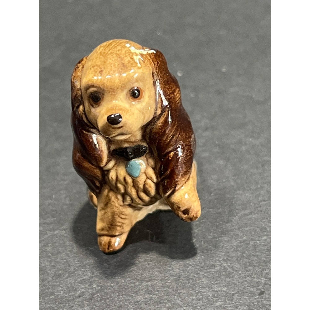 Vintage Miniature Ceramic Cocker Spaniel Dog Figurine Brown Tan Glossy 1 Inch